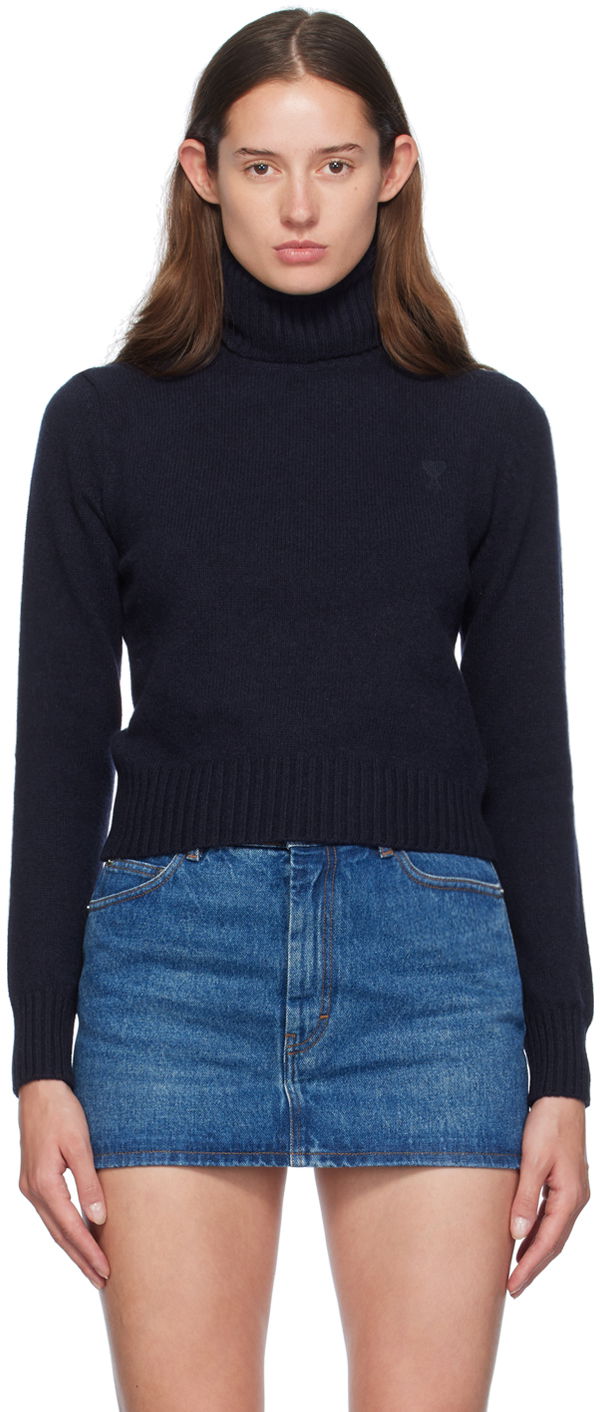 Sweater AMI Paris Navy Cashmere de Cœur Turtleneck Sort | FKS457.005, 0