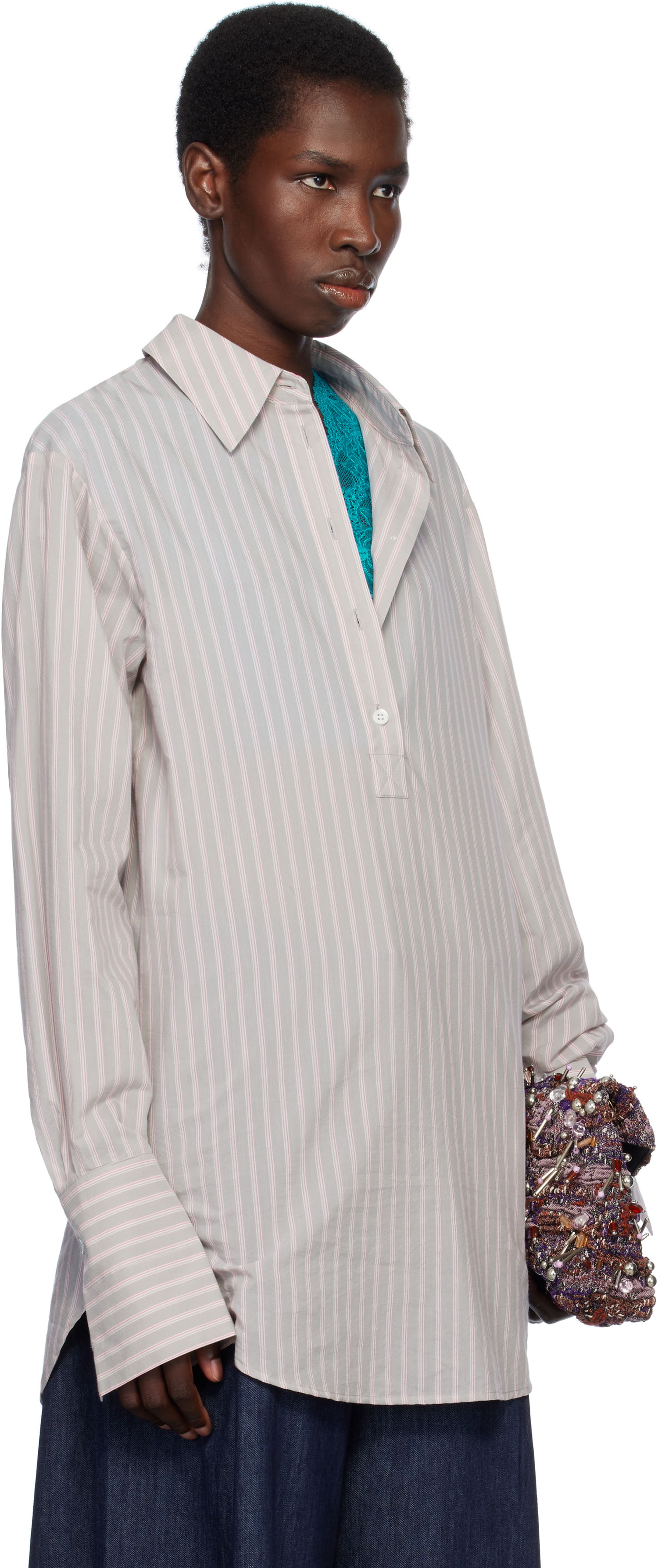Skjorte Dries Van Noten Dries Van Noten Striped Popover Shirt Grå | 251-010734-1524, 1