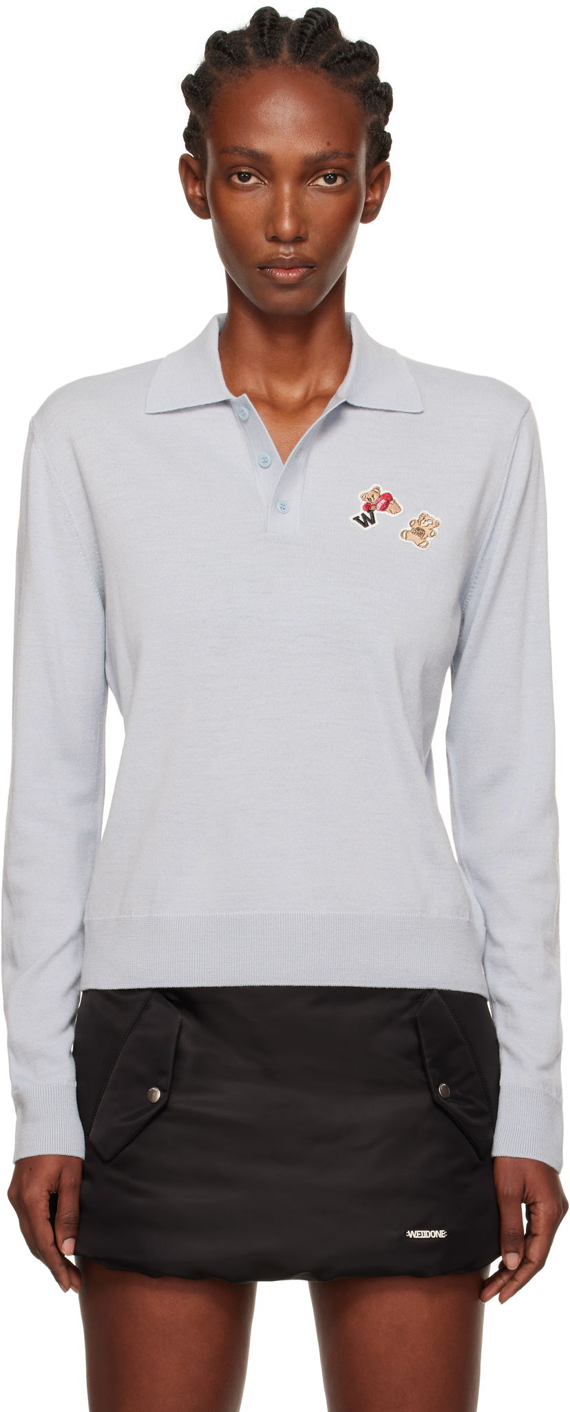 Polo skjorte We11done We11done Double Patched Knit Polo Blå | WD-KT2-25-679-W-GY