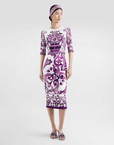 Kjole Dolce & Gabbana Dolce & Gabbana Majolica Print Charmeuse Midi Dress Lilla | F6EAJTHPAELIP3TN, 1