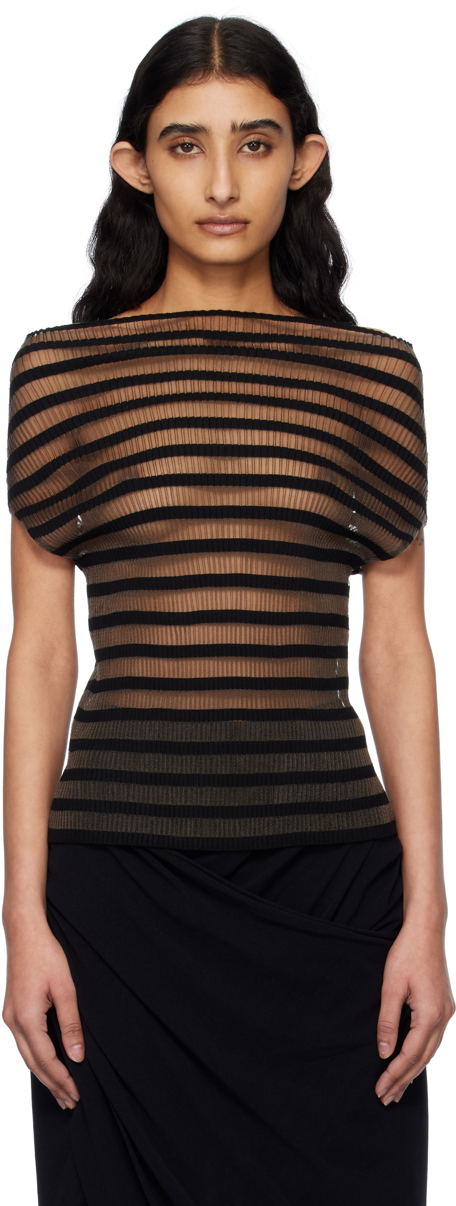 T-shirt Jean Paul Gaultier Jean Paul Gaultier 'The Marinière' Striped Sheer Top Sort | 25/34-F-TO273-M088-00, 0