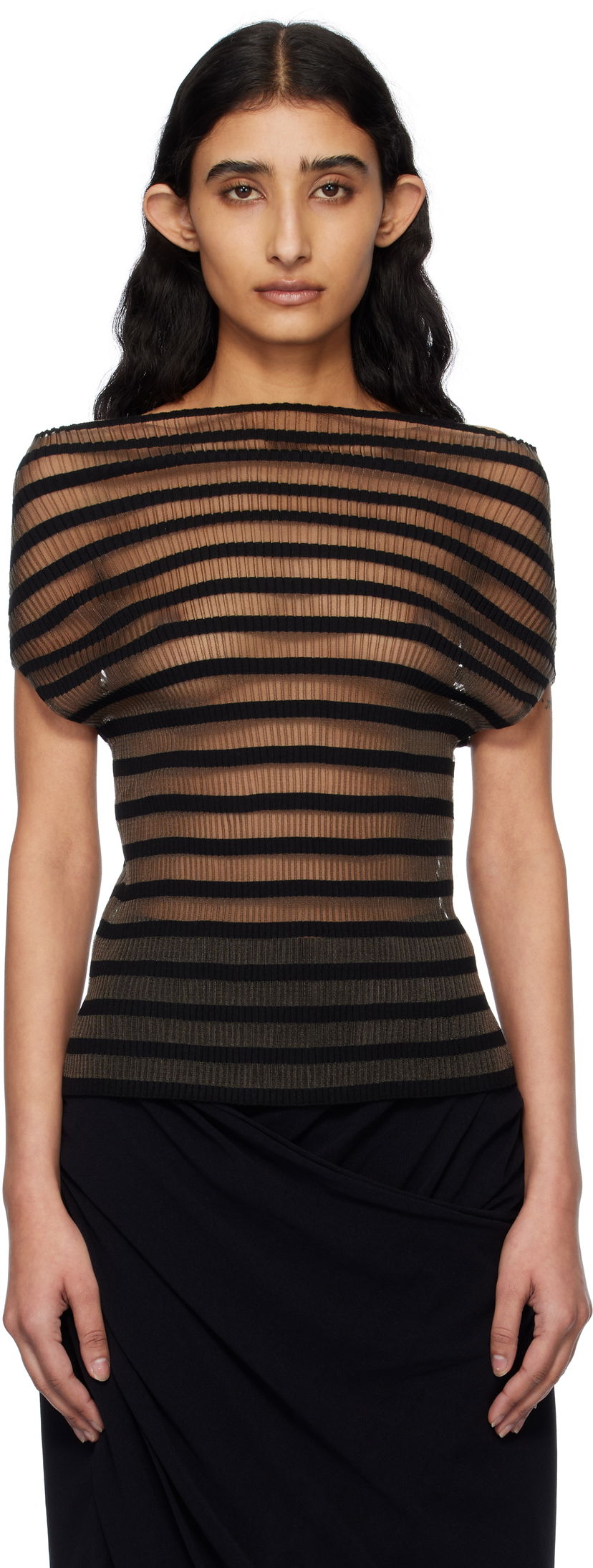 T-shirt Jean Paul Gaultier Jean Paul Gaultier 'The Marinière' Striped Sheer Top Sort | 25/34-F-TO273-M088-00