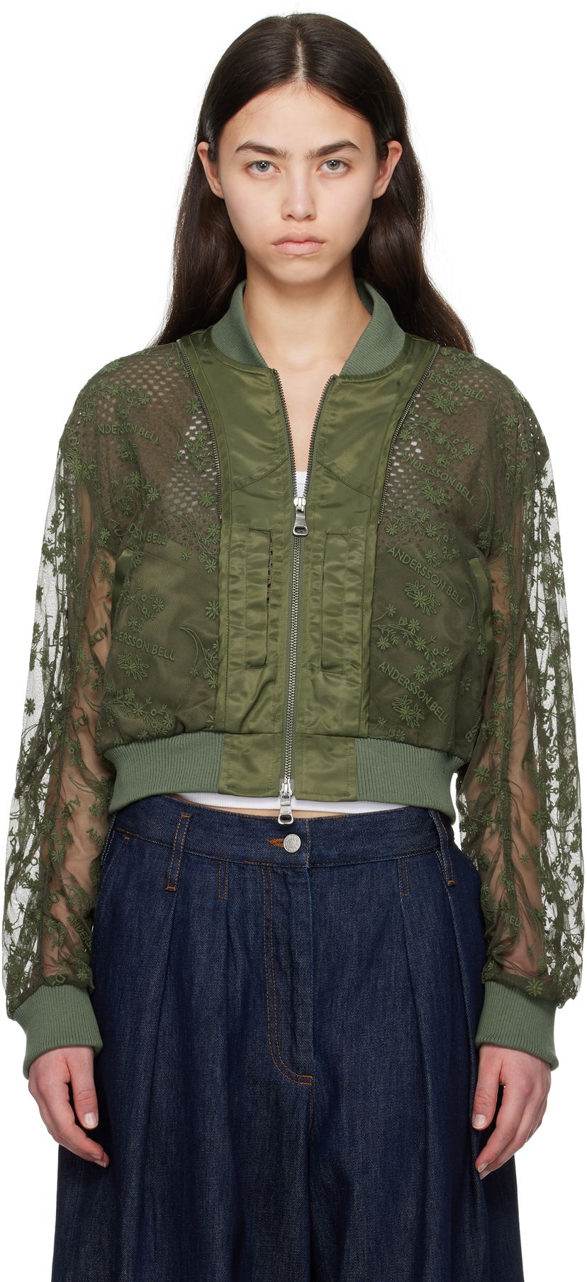 Bomberjakke Andersson Bell Andersson Bell Layered Logo Lace Short Bomber Jacket Grøn | awa703w
