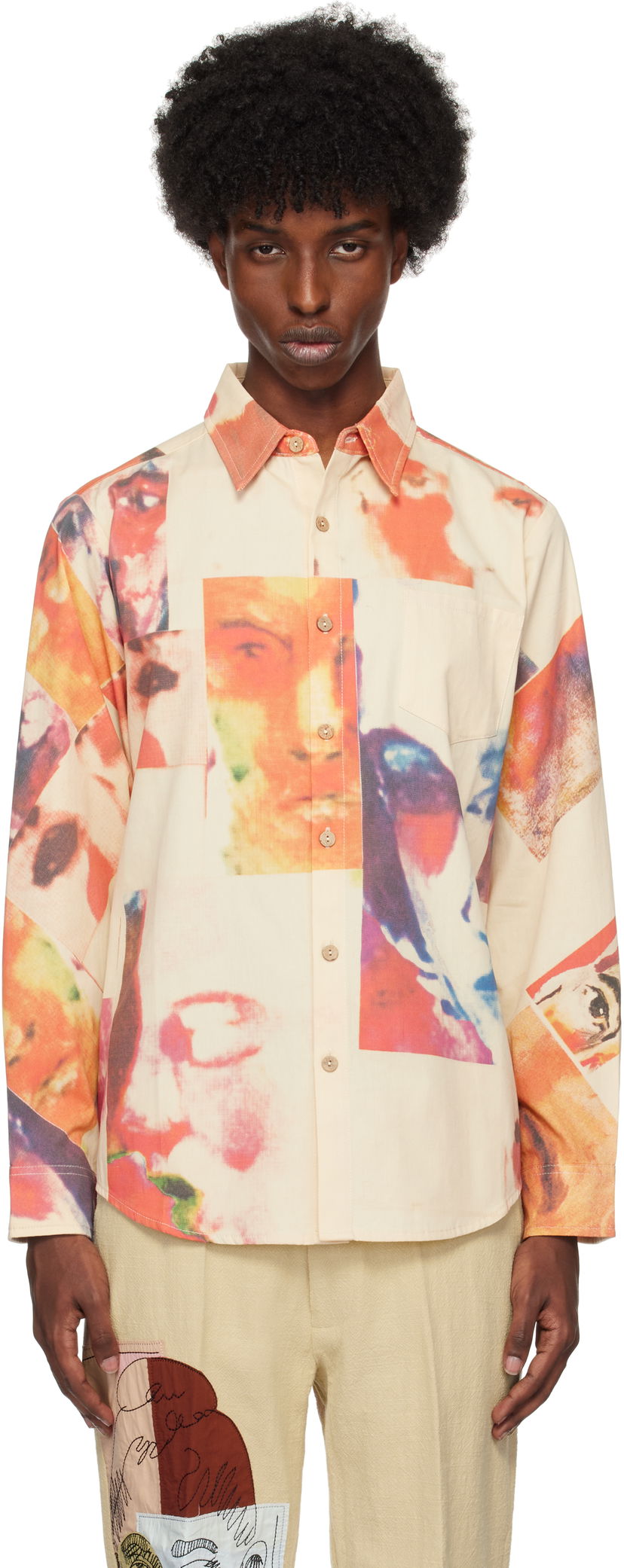 Skjorte KidSuper Collage Faces Button Up Shirt Beige | AW24-LTP-04