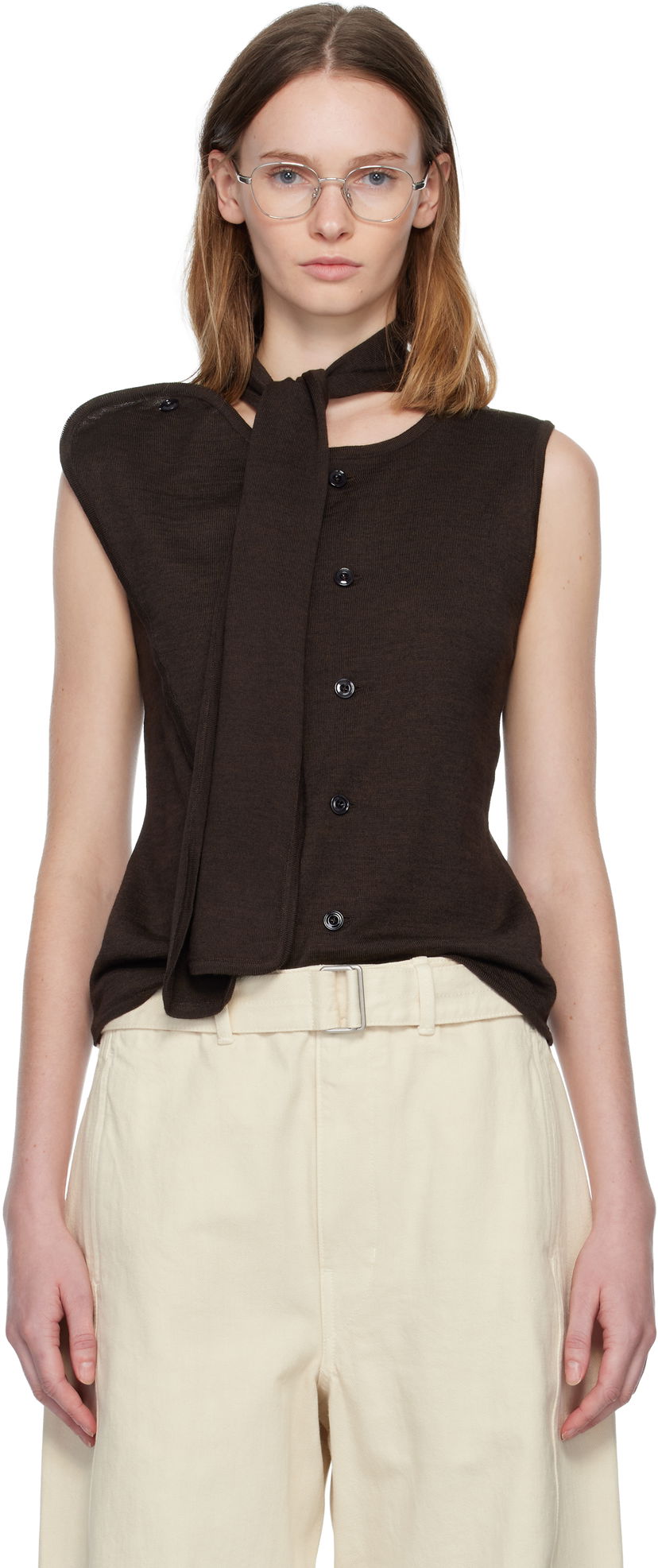 Sweater LEMAIRE Asymmetrical Sleeveless Cardigan Brun | TO1485 LK087