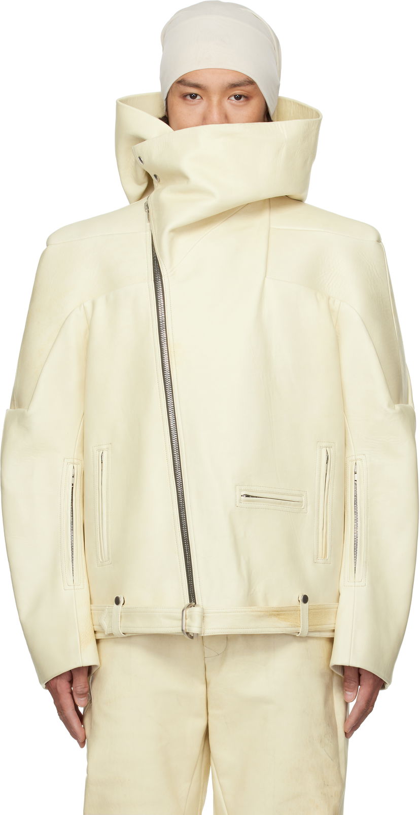 Jakke Rick Owens Rick Owens Hollywood Hooded Stooges Leather Jacket Hvid | RR01E5704 LBH