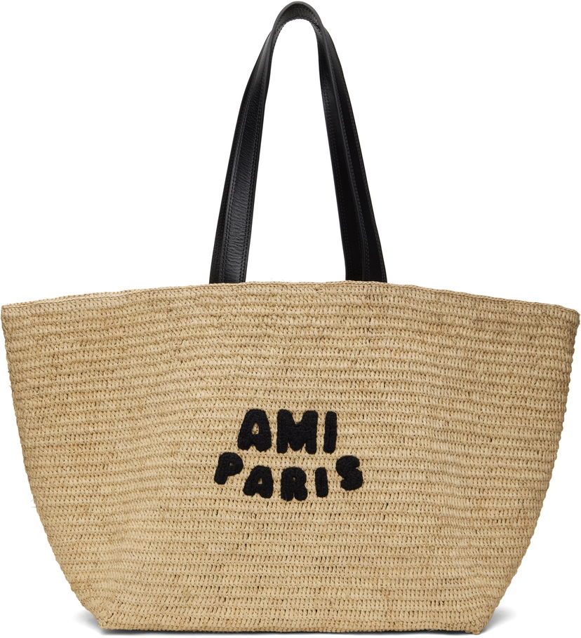 Mulepose AMI AMI Paris Rafia Tote Bag with Leather Handles Beige | ULL033.AW0077