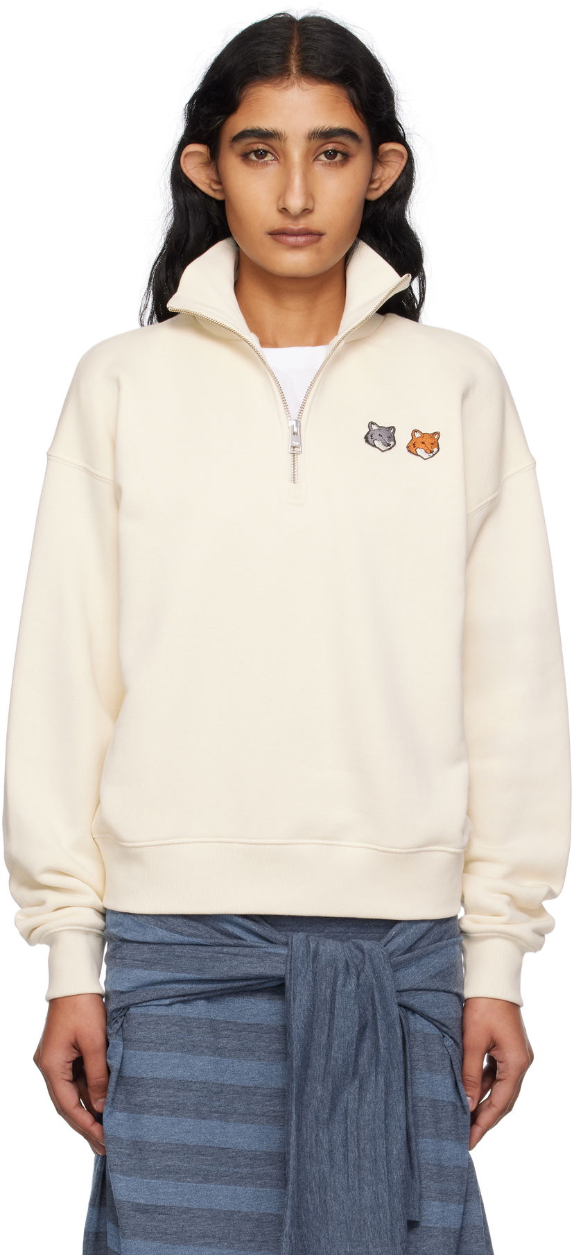 Sweatshirt MAISON KITSUNÉ Maison Kitsuné Double Fox Head Half Zip Sweatshirt Beige | OW211CFKM0321