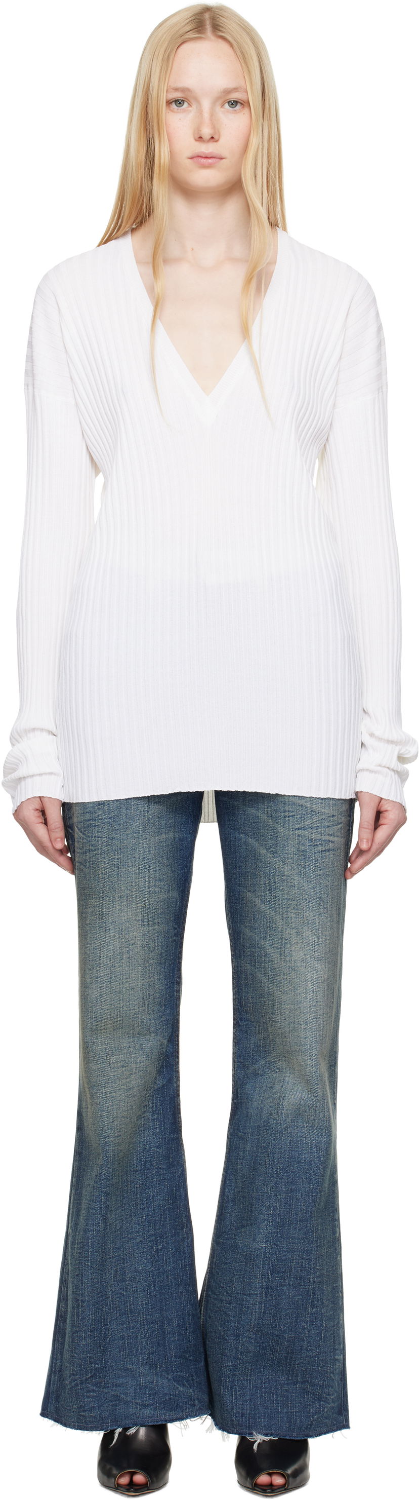Sweater Maison Margiela MM6 Maison Margiela Slouchy Ribbed V-Neck Sweater Hvid | S62DA0050 M13125