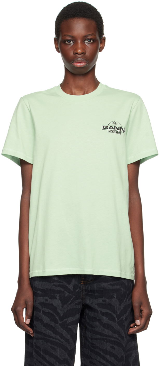 T-shirt GANNI World Print T-Shirt Grøn | T3923, 0