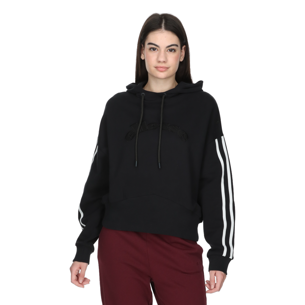 Sweatshirt Ellesse Cropped Striped Sleeve Drawstring Hoodie Sort | ELA253F613-01, 0