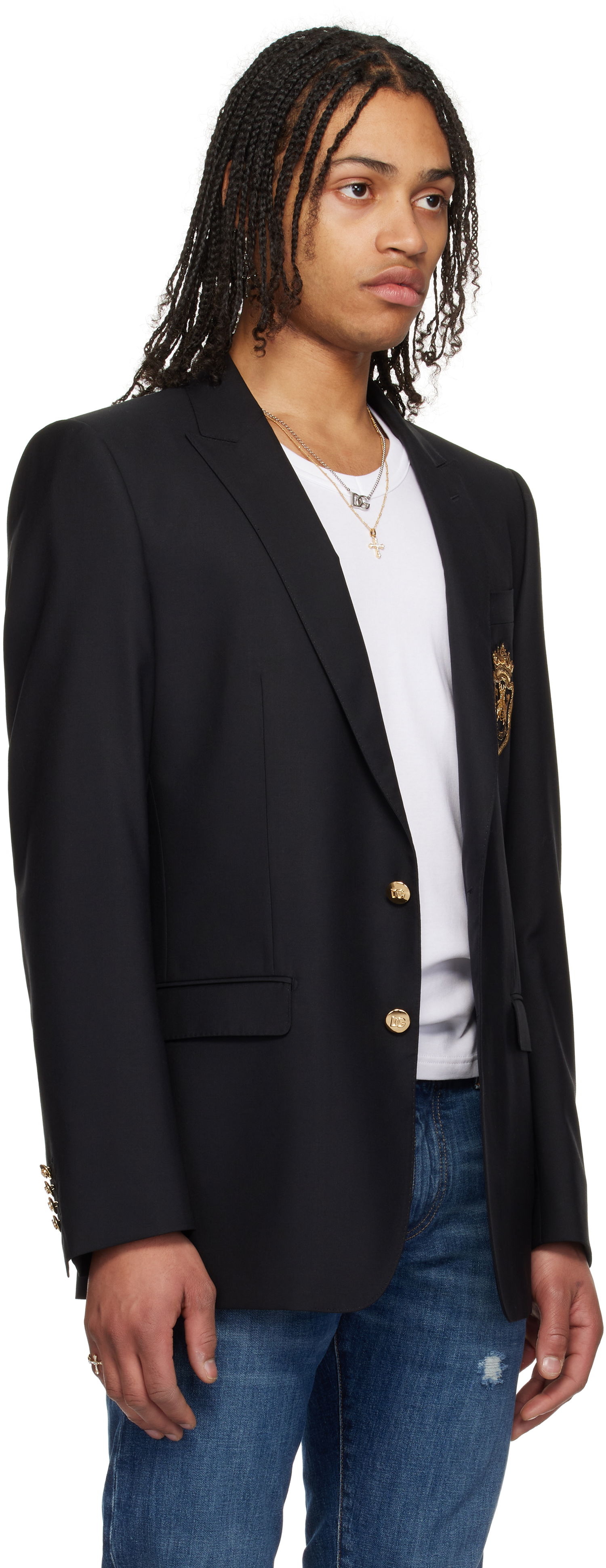 Jakke Dolce & Gabbana Dolce&Gabbana Single-Breasted Wool & Silk Blazer with Patch Sort | G2LK0ZFU3H1, 1