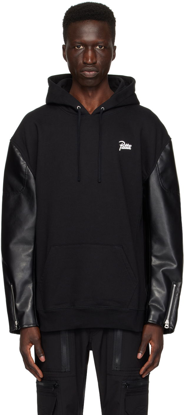 Sweatshirt Junya Watanabe Faux-Leather Sleeve Hoodie Sort | WM-T904-100