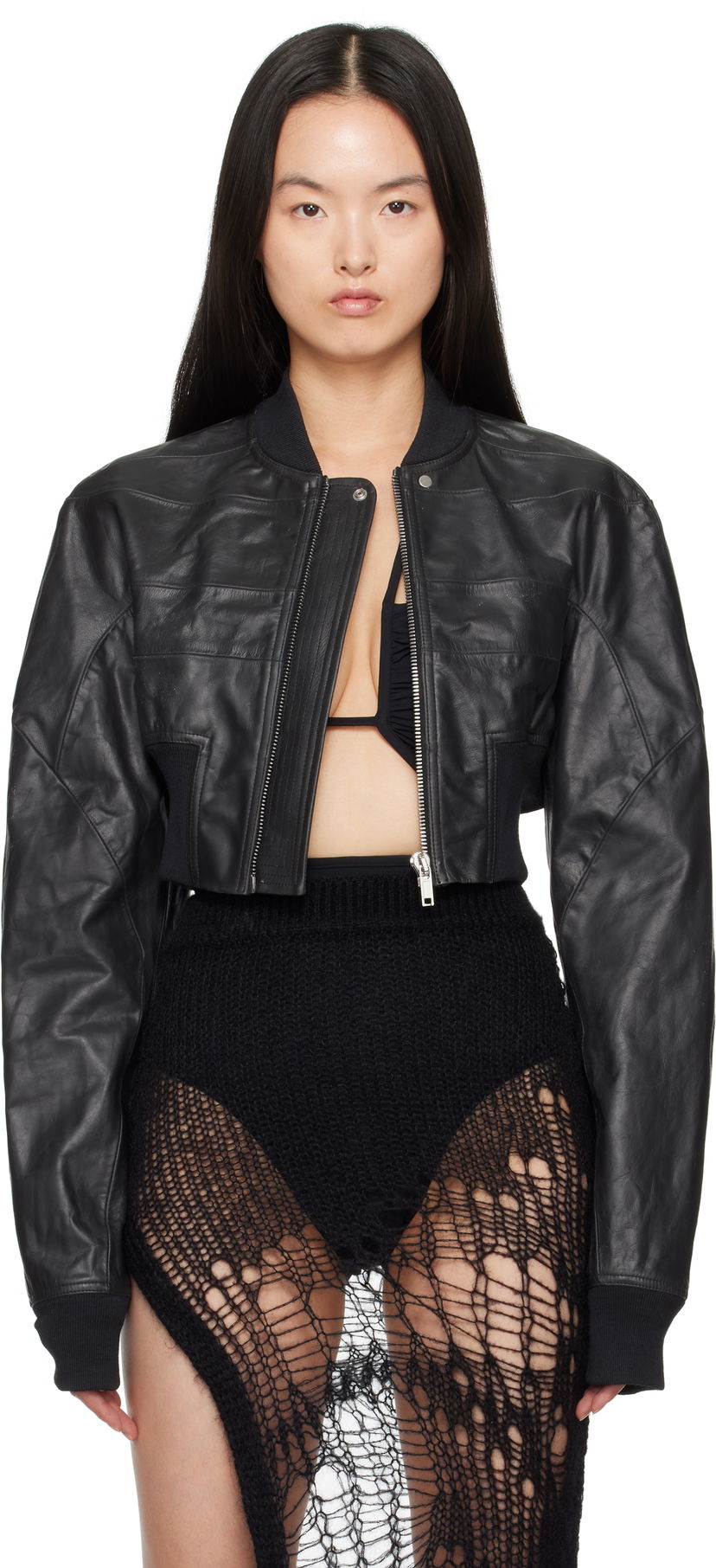 Bomberjakke Rick Owens Rick Owens Hollywood Girdered Cropped Leather Bomber Jacket Sort | RP01E7713 LTP