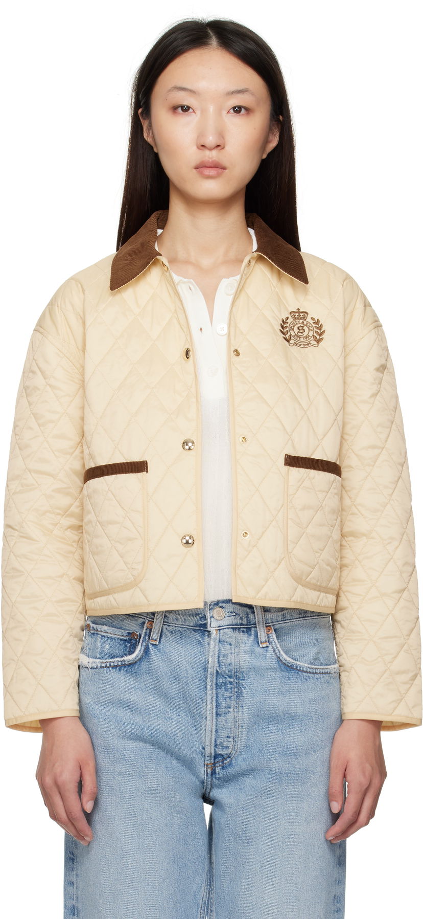 Jakke Sporty & Rich Sporty & Rich H&W Crest Cropped Quilted Jacket Beige | OW027620241CR01