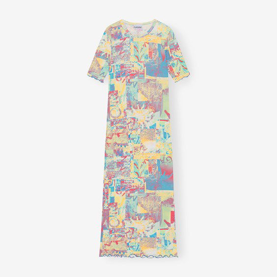 Kjole GANNI Printed Rib Jersey Maxi Dress Gul | T3587-999, 0