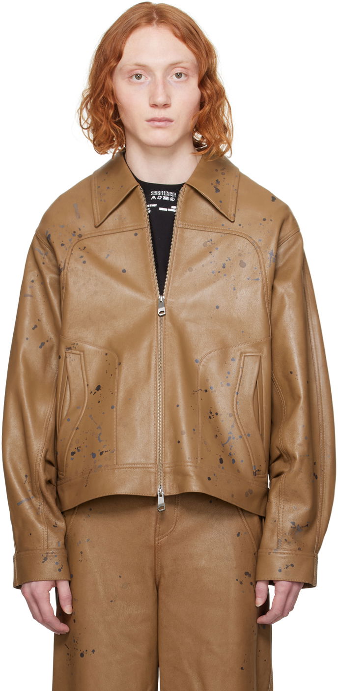 Jakke ADER ERROR Paint Splatter Cropped Leather Jacket Brun | BN01SSJK0101BR