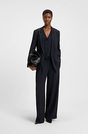 Bukser BOSS Pinstripe Wide-Leg Extra Long Trousers Mørkeblå | 50548479, 1