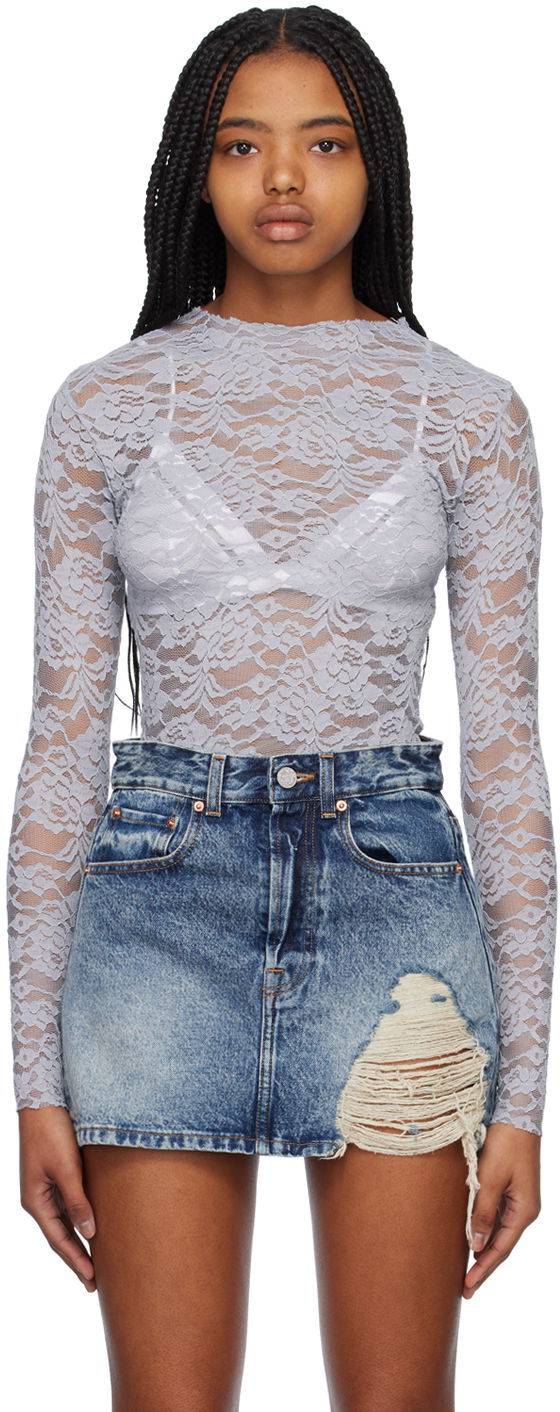 T-shirt We11done Lace Mock Neck Top Blå | WD-BL1-23-129-W-GY