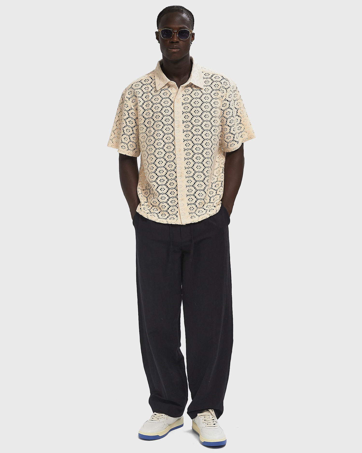 Skjorte Honor The Gift Crochet Button-Up Shirt Beige | HTG250232-BONE, 1