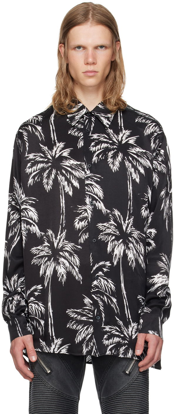 Skjorte Balmain Palm Tree Print Long Sleeve Shirt Sort | DH1HS184VF43