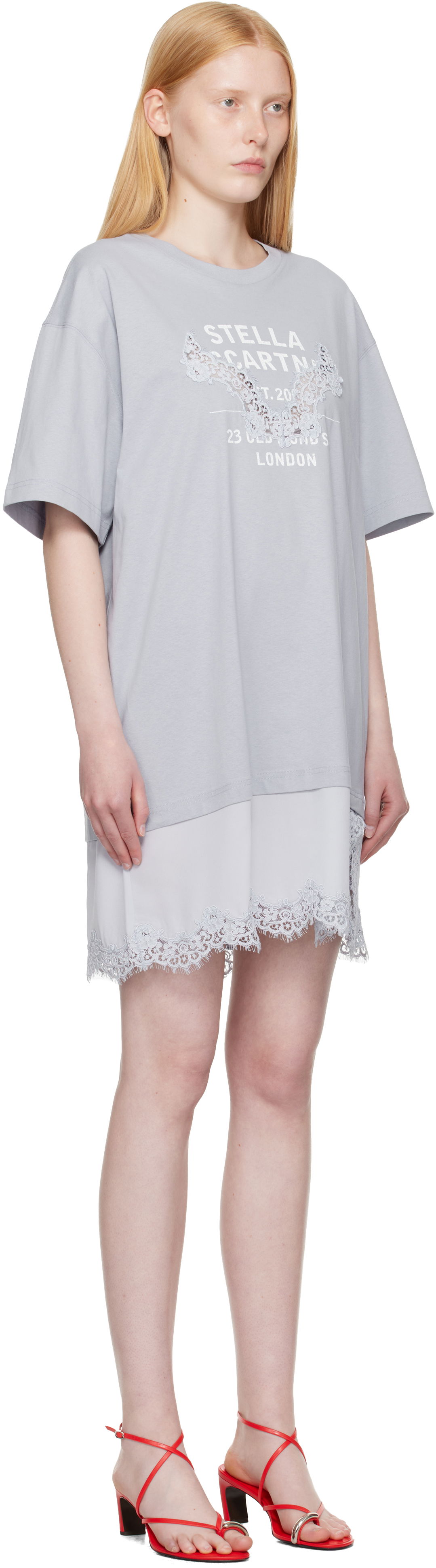 Kjole Stella McCartney Stella McCartney Lace-Insert Graphic T-Shirt Minidress Grå | 6J04063SPZ99, 1