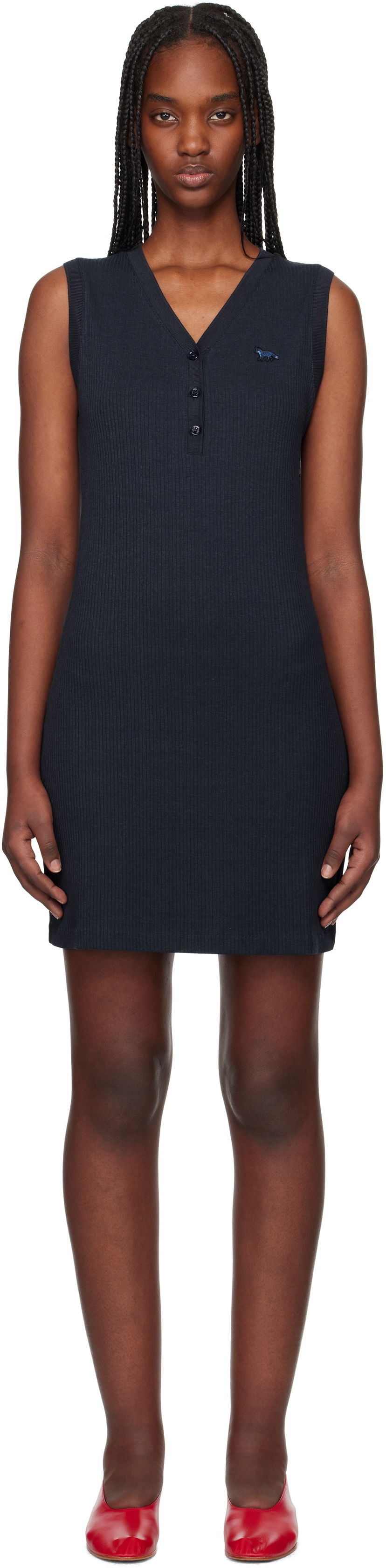 Kjole MAISON KITSUNÉ Maison Kitsuné Baby Fox Patch Ribbed Minidress Mørkeblå | OW01618KJ0134