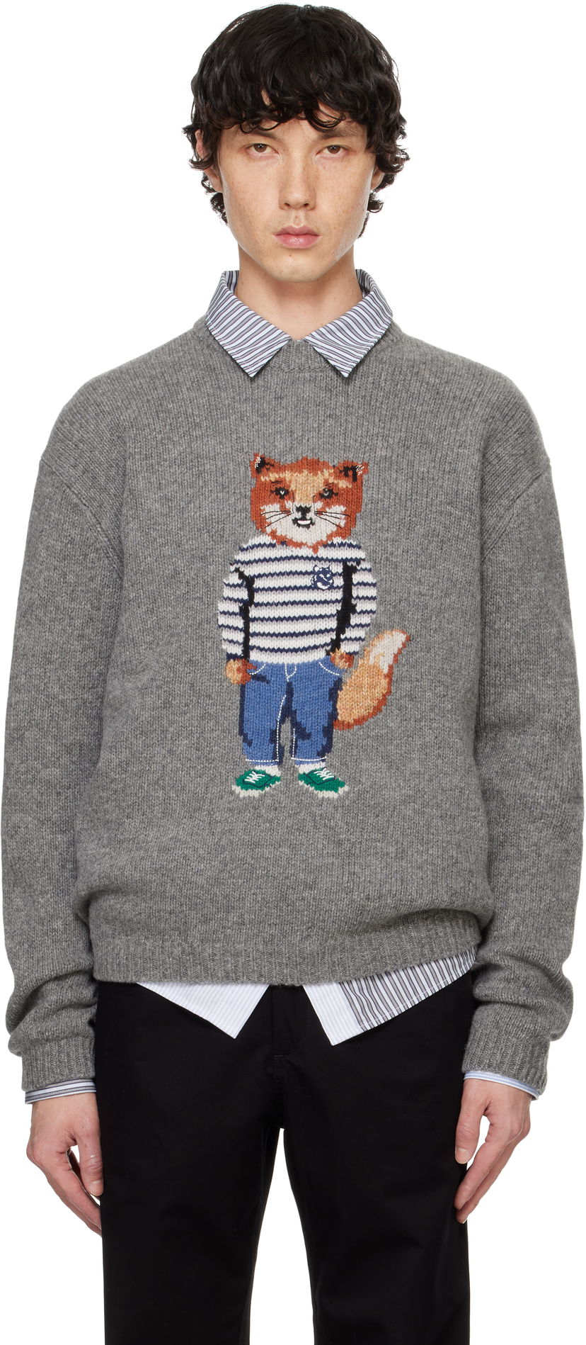 Sweater MAISON KITSUNÉ Dressed Fox Intarsia Sweater Grå | NM00809KH0002