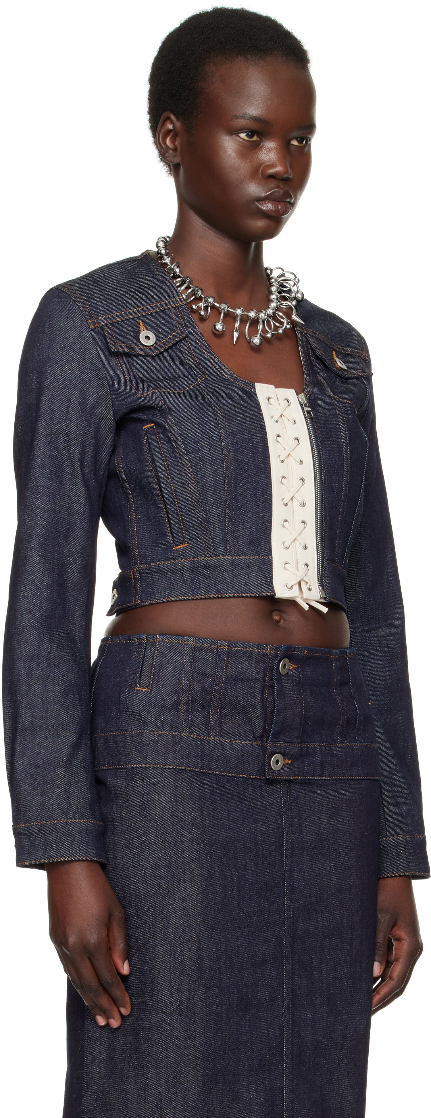 Jakke Jean Paul Gaultier Jean Paul Gaultier 'The Contrasting Lace-Up' Cropped Denim Jacket Blå | 25/33-F-VE085-D019-5568, 1