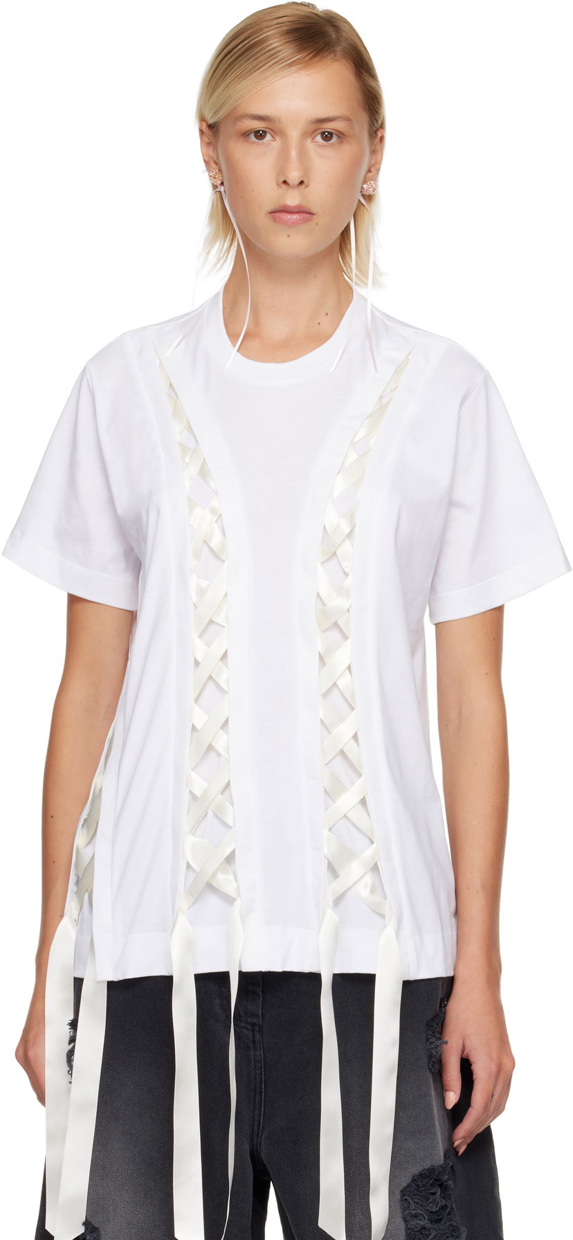 T-shirt Simone Rocha Simone Rocha Unraveling Ribbon T-shirt Hvid | 5368 0553
