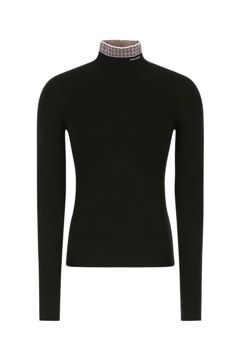 Sweater Prada Logo Intarsia Jacquard High-Neck Sweater Sort | UMR527S22211IS F0BN9