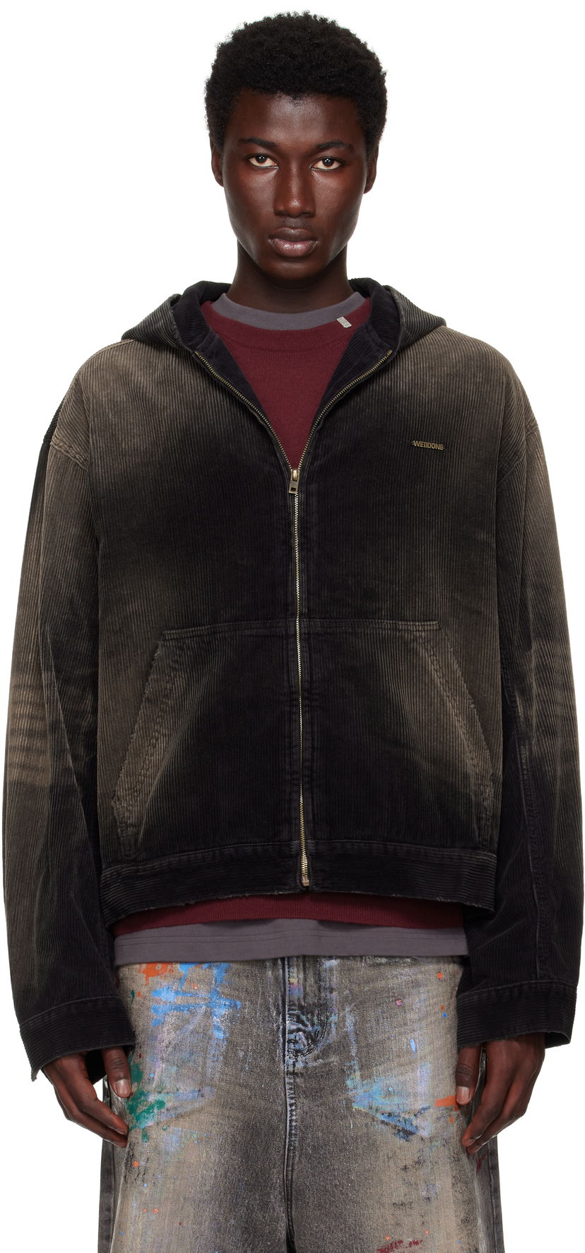 Jakke We11done We11done Vintage Wash Corduroy Zip-Up Hoodie Sort | WD-DJ2-25-318-U-BK