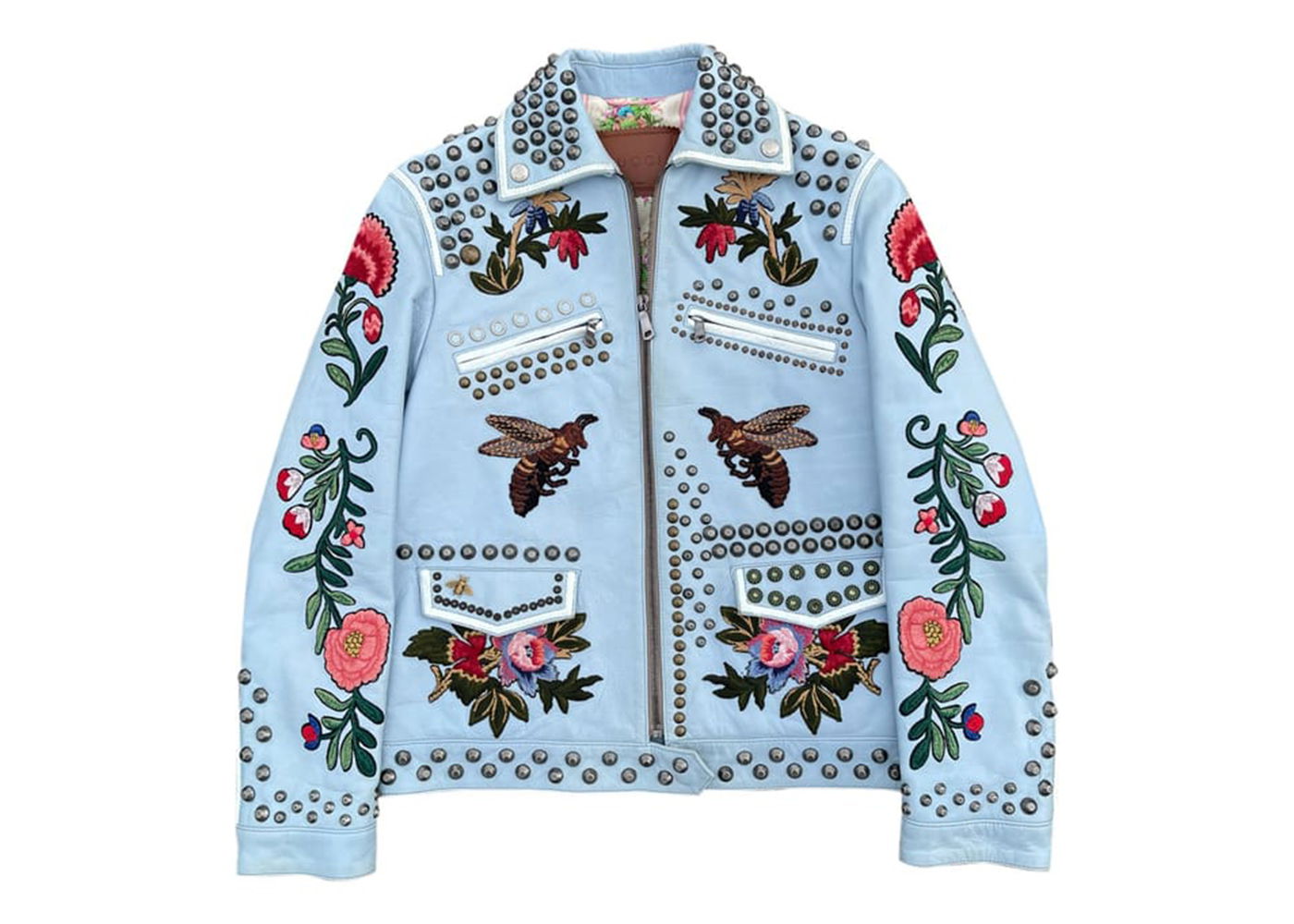 Jakke Gucci Floral Embroidered Leather Jacket Blå | 419638 XG170, 0