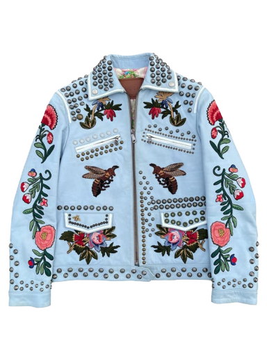 Jakke Gucci Floral Embroidered Leather Jacket Blå | 419638 XG170
