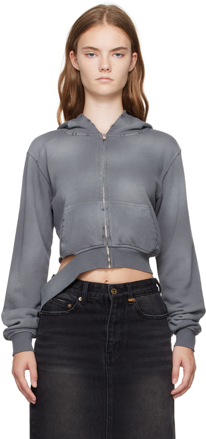 Sweatshirt We11done We11done Distressed Zip-Up Cropped Hoodie Grå | WD-TJ2-24-808-W-CH