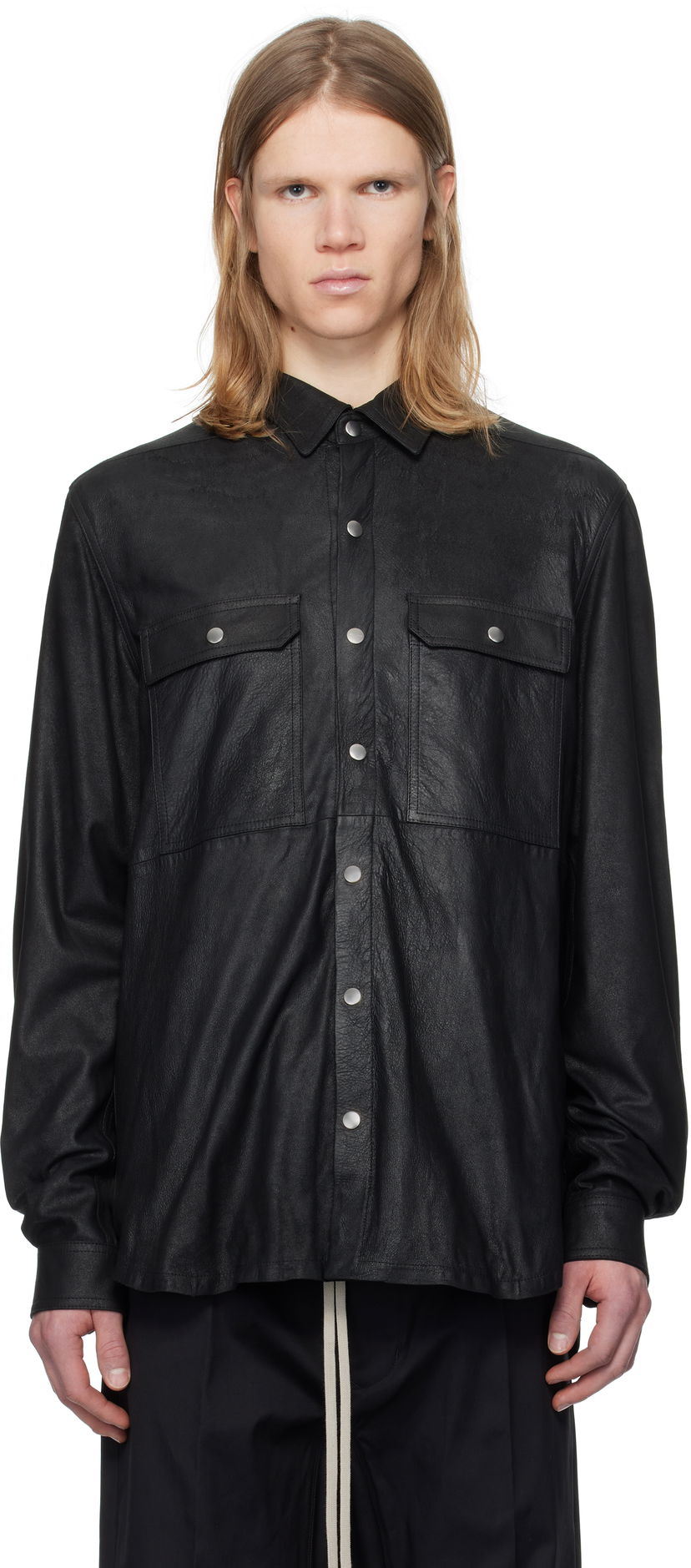 Skjorte Rick Owens Rick Owens Hollywood Megablister Lamb Leather Overshirt Sort | RU01E5729 LBA