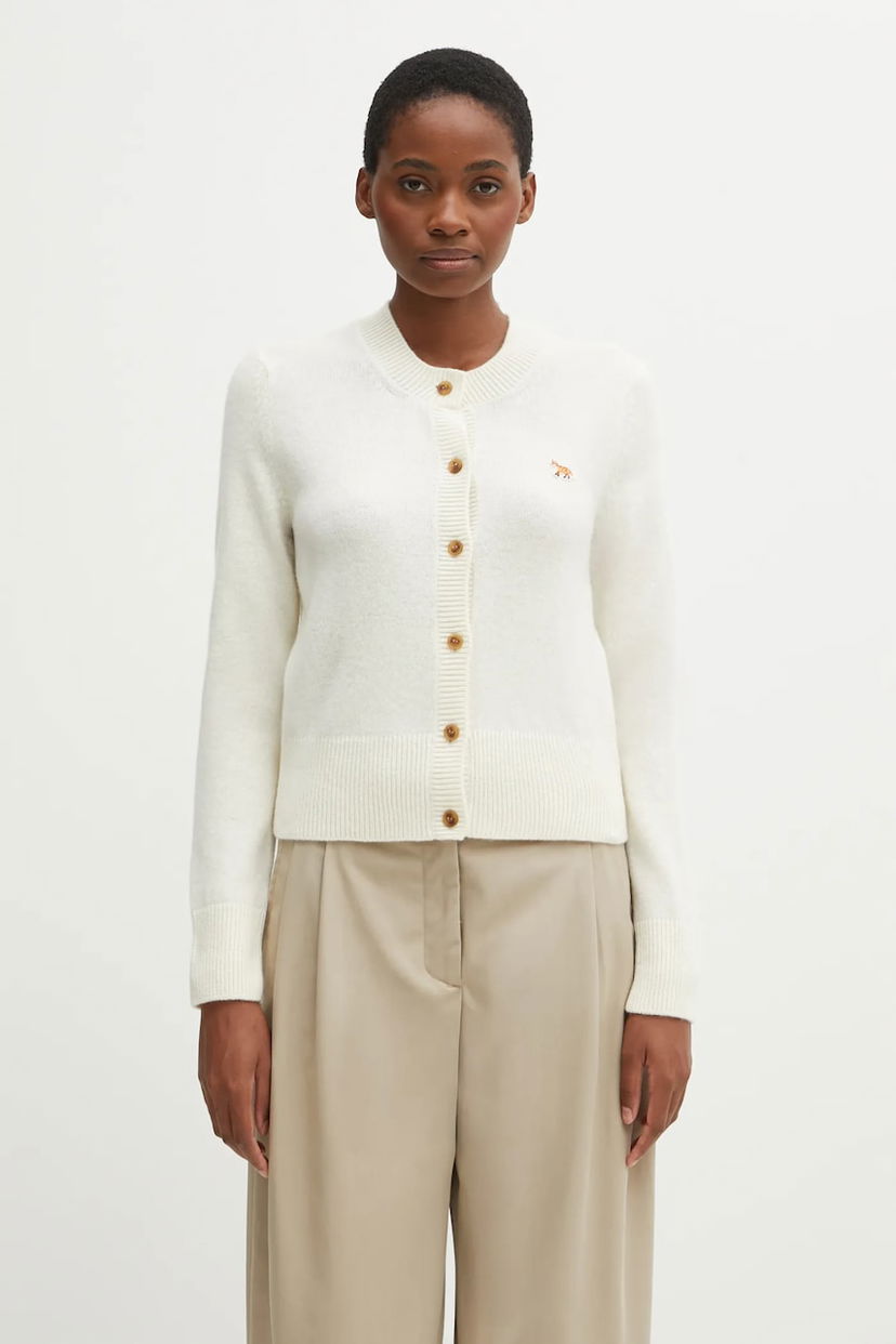 Sweater MAISON KITSUNÉ Fitted Lambswool Round-Neck Cardigan with Baby Fox Embroidery Hvid | PW00506KT1006