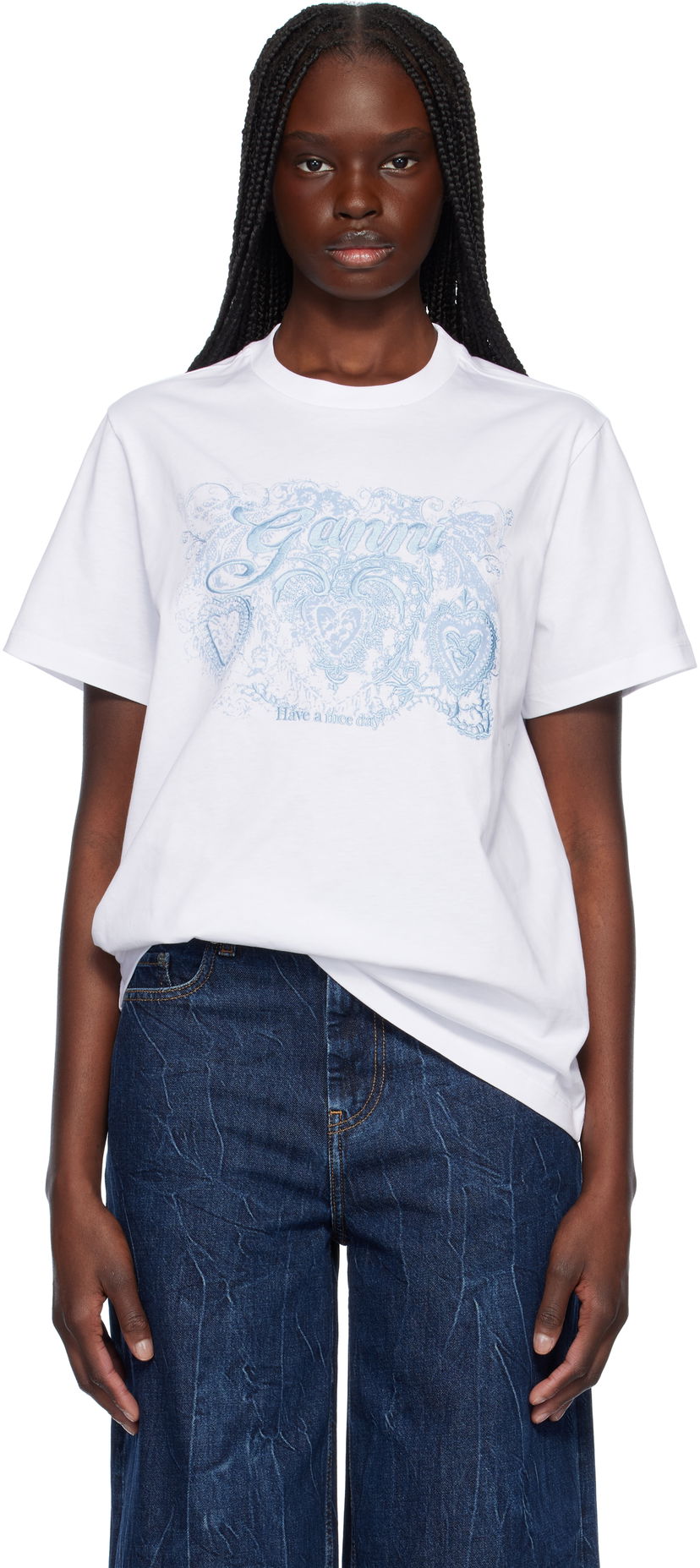 T-shirt GANNI GANNI Jersey Tattoo Lace T-Shirt Hvid | T4158