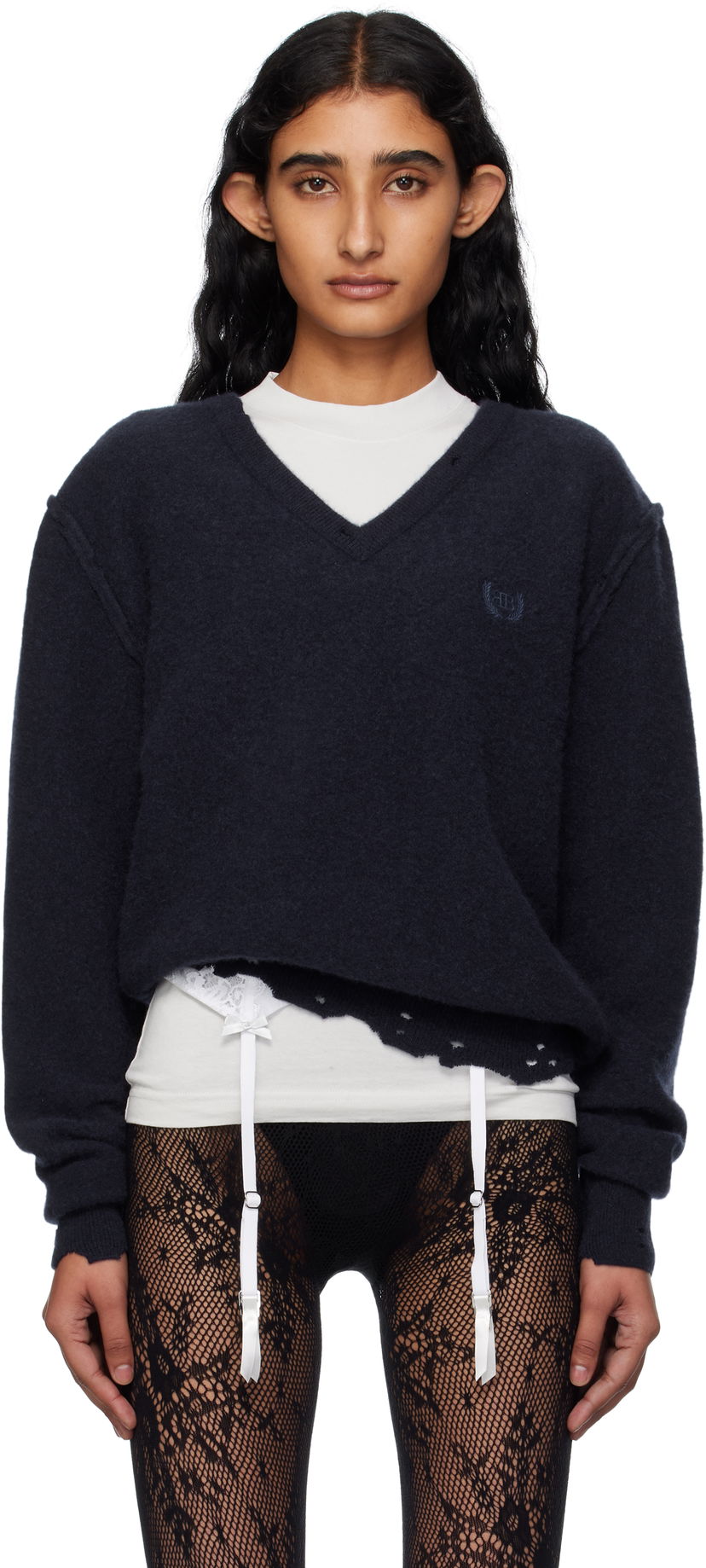 Sweater Balenciaga Balenciaga Laurel Classic Inside-Out V-Neck Sweater Mørkeblå | 828163T4149