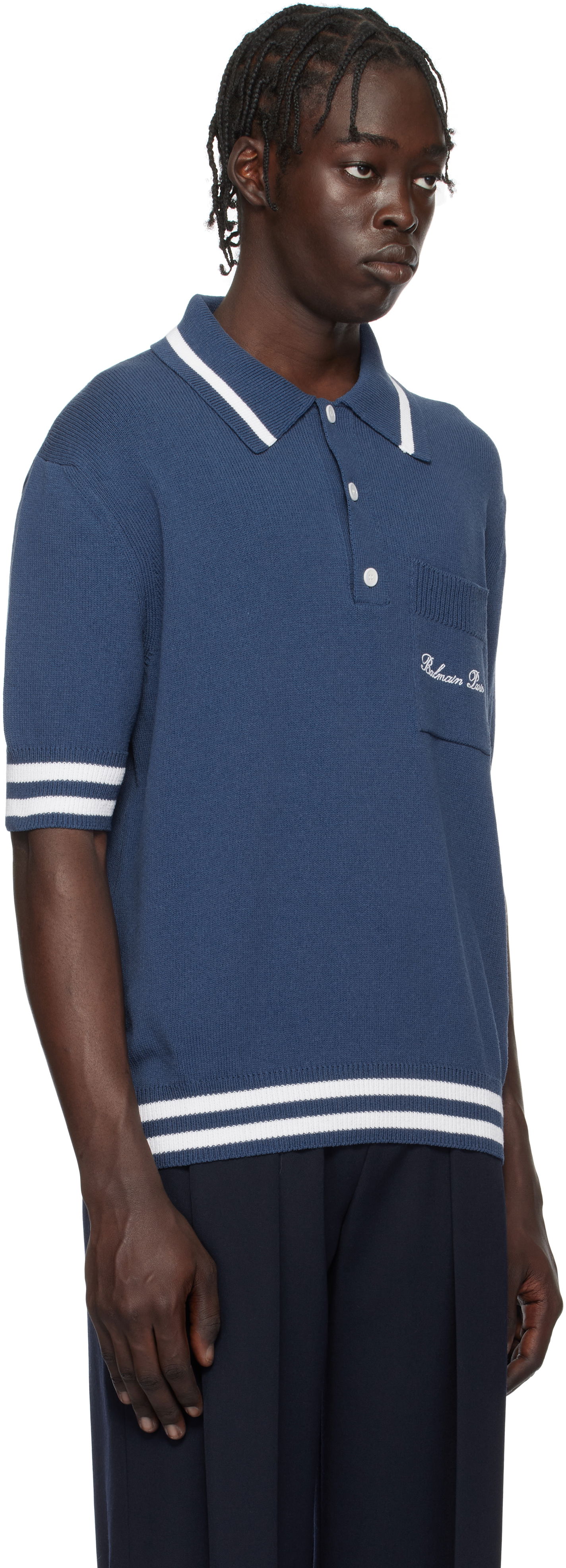 Polo skjorte Balmain Cotton-Blend Knit Polo Shirt Blå | EH1GB046KF96, 1