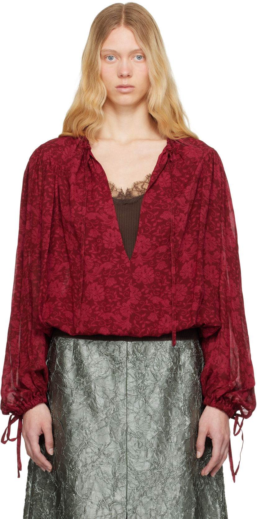 Skjorte Dries Van Noten Dries Van Noten Floral Print Tie Neck Blouse Rød | 251-010711-1011