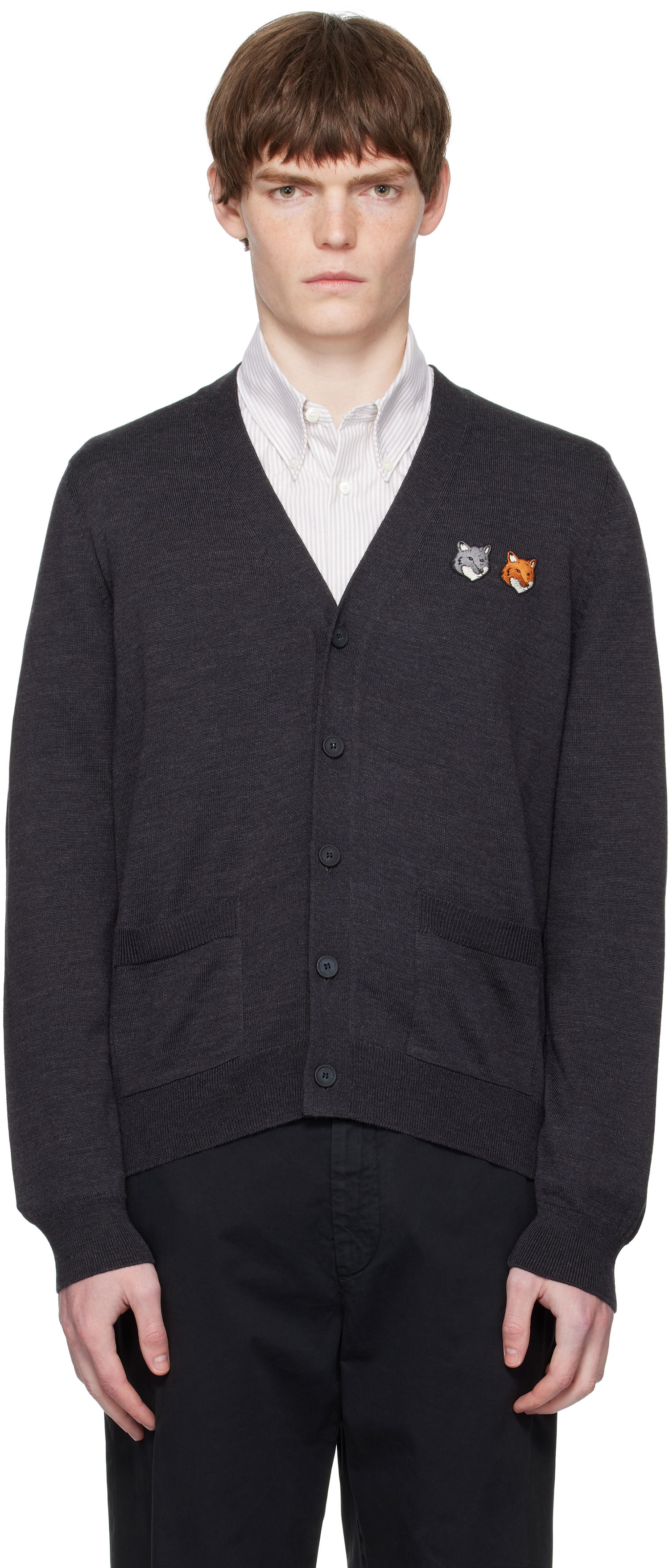 Sweater MAISON KITSUNÉ Double Bold Fox Head Patch Regular Cardigan Grå | OM051CFKT1036, 0