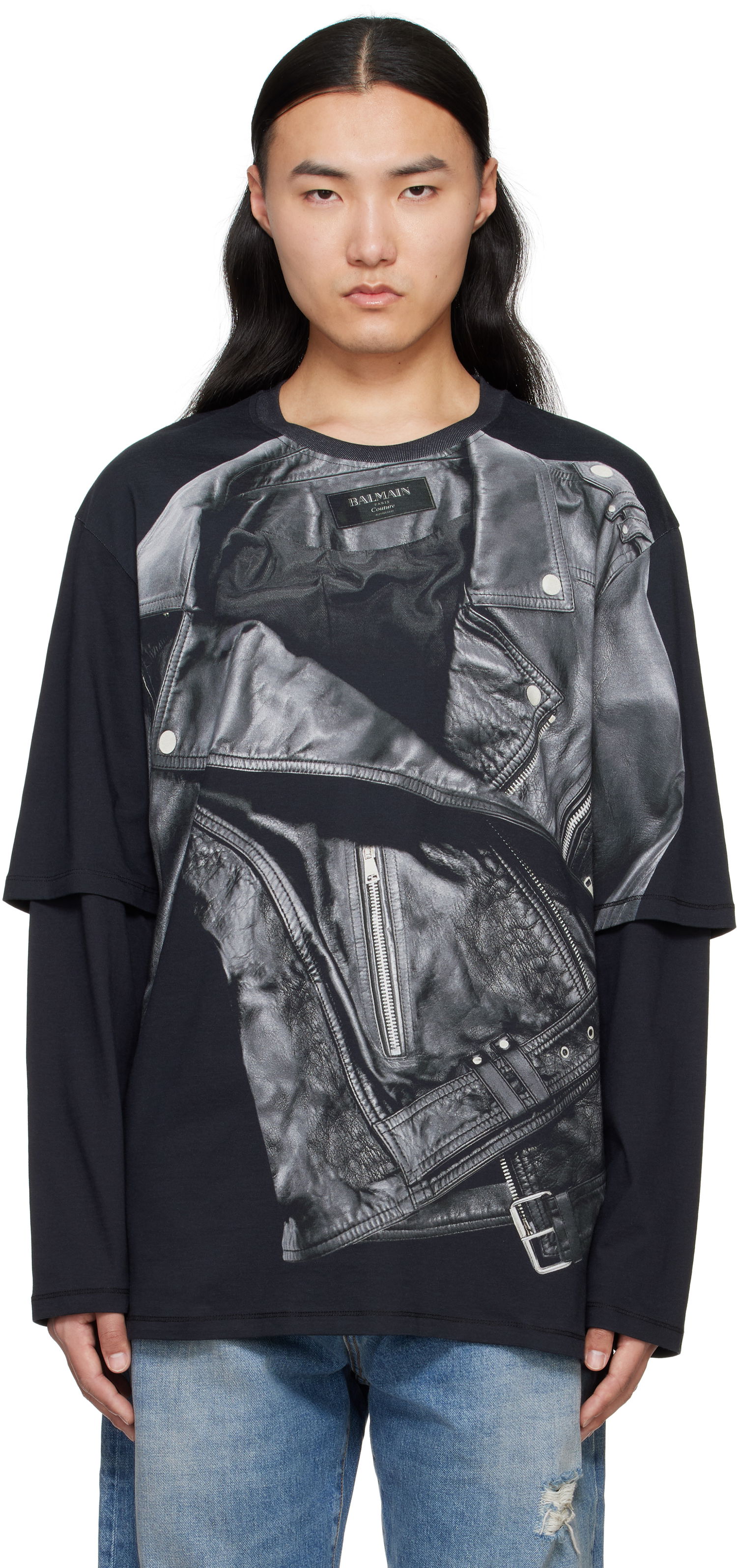 T-shirt Balmain Balmain Long Sleeve Biker Jacket Graphic T-Shirt Sort | EH1EM016GE40, 0