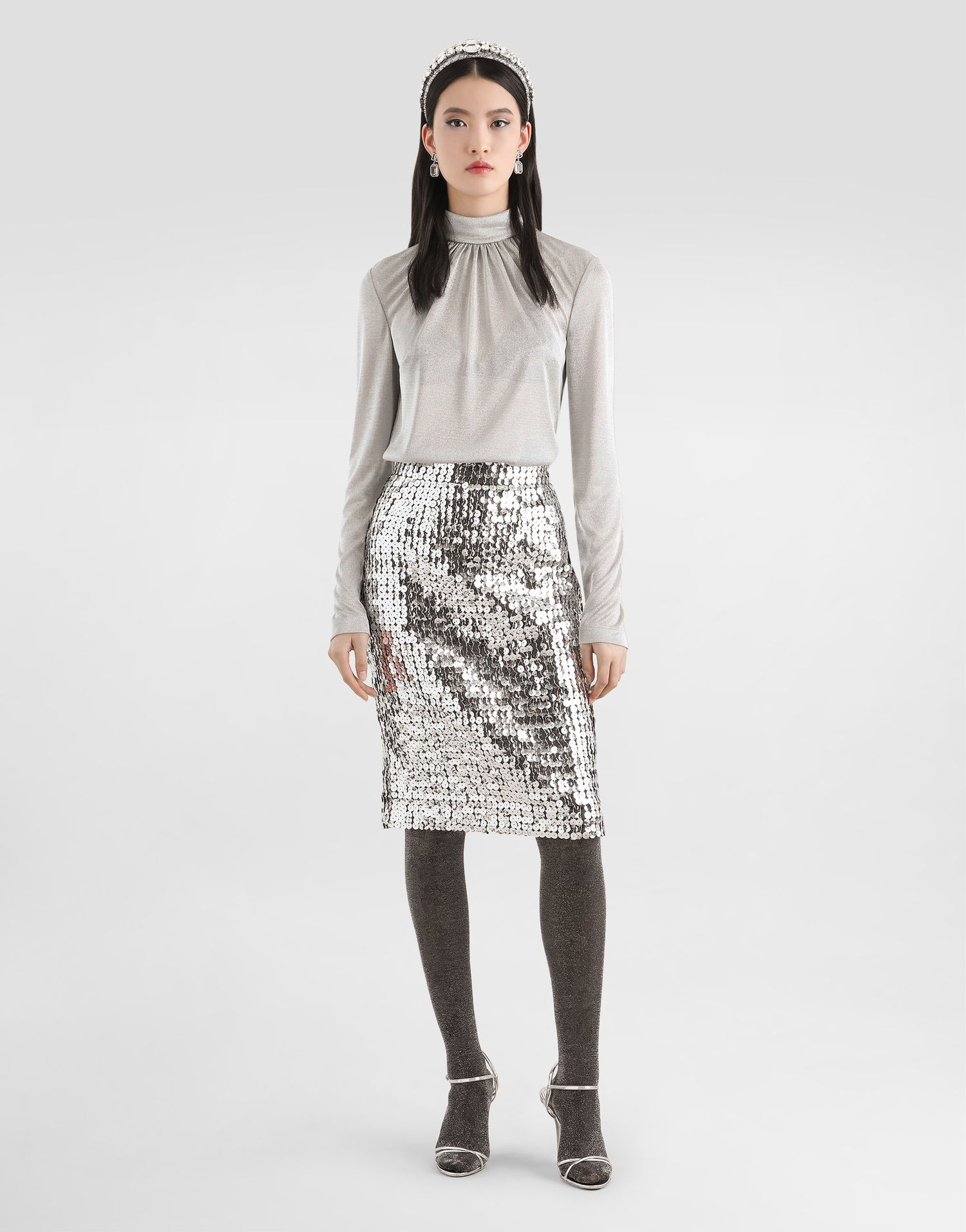 Jersey Dolce & Gabbana Lamé Jersey Ruched Mock Neck Top Metalisk | F7BD6THU7WCS0998, 1
