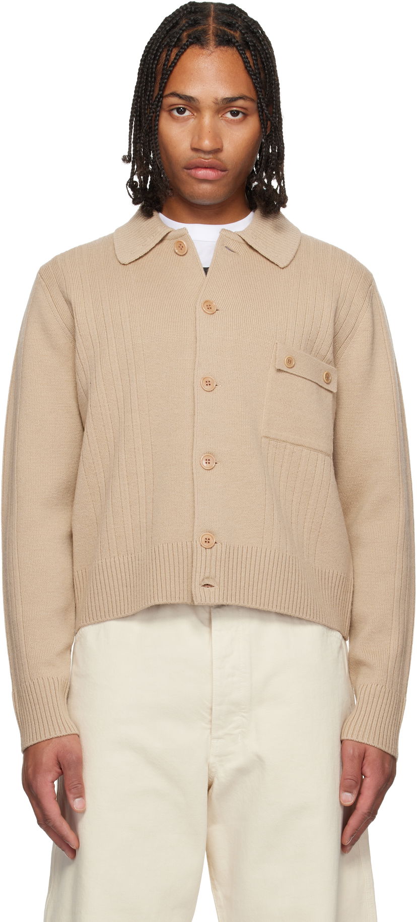 Sweater Dries Van Noten Collared Rib Knit Wool Cardigan with Patch Pocket Beige | 252-021215-2707