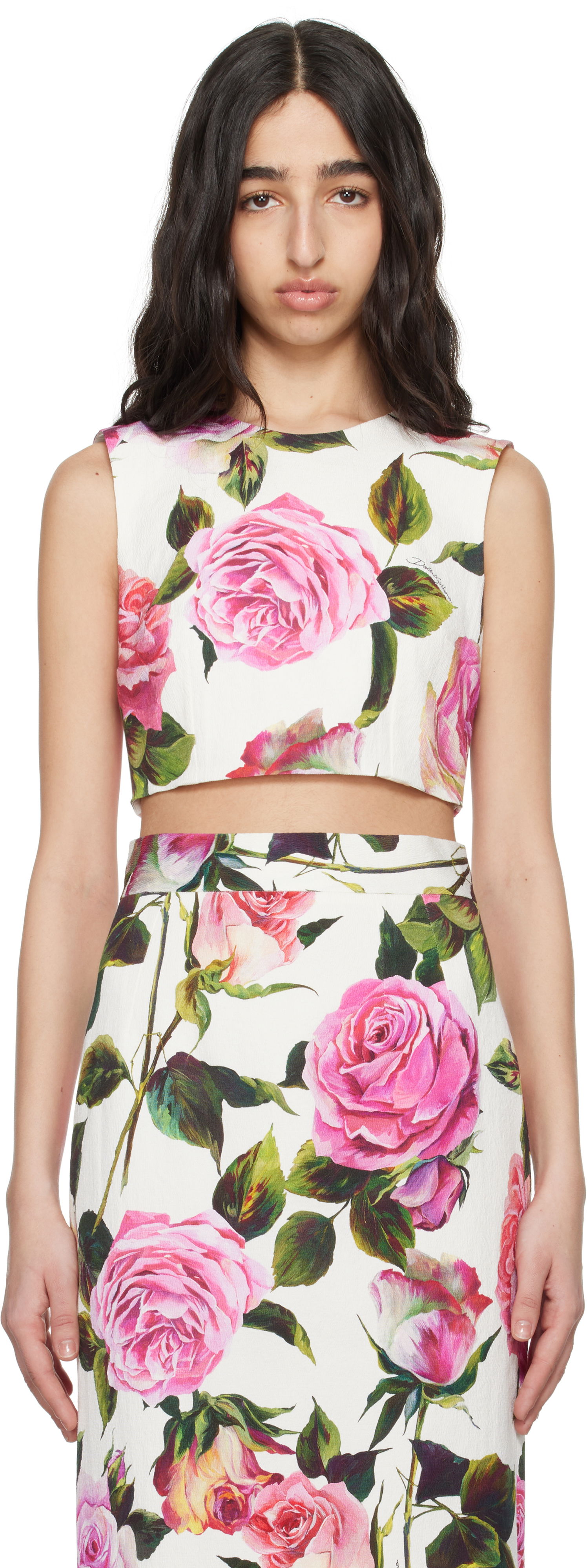 Crop top Dolce & Gabbana Dolce&Gabbana Rose-Print Cotton Jacquard Crop Top Hvid | F7AO5T FSRQJ, 0