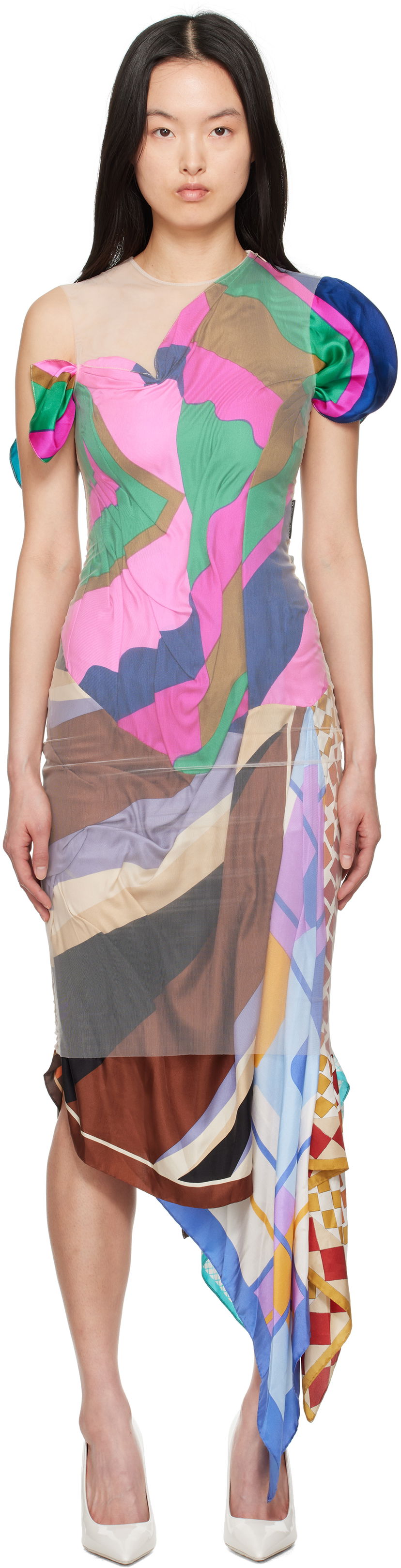 Kjole Marine Serre Marine Serre Regenerated Silk Scarves Fitted Maxi Dress Flerfarvet | WDR330A UWOV0028