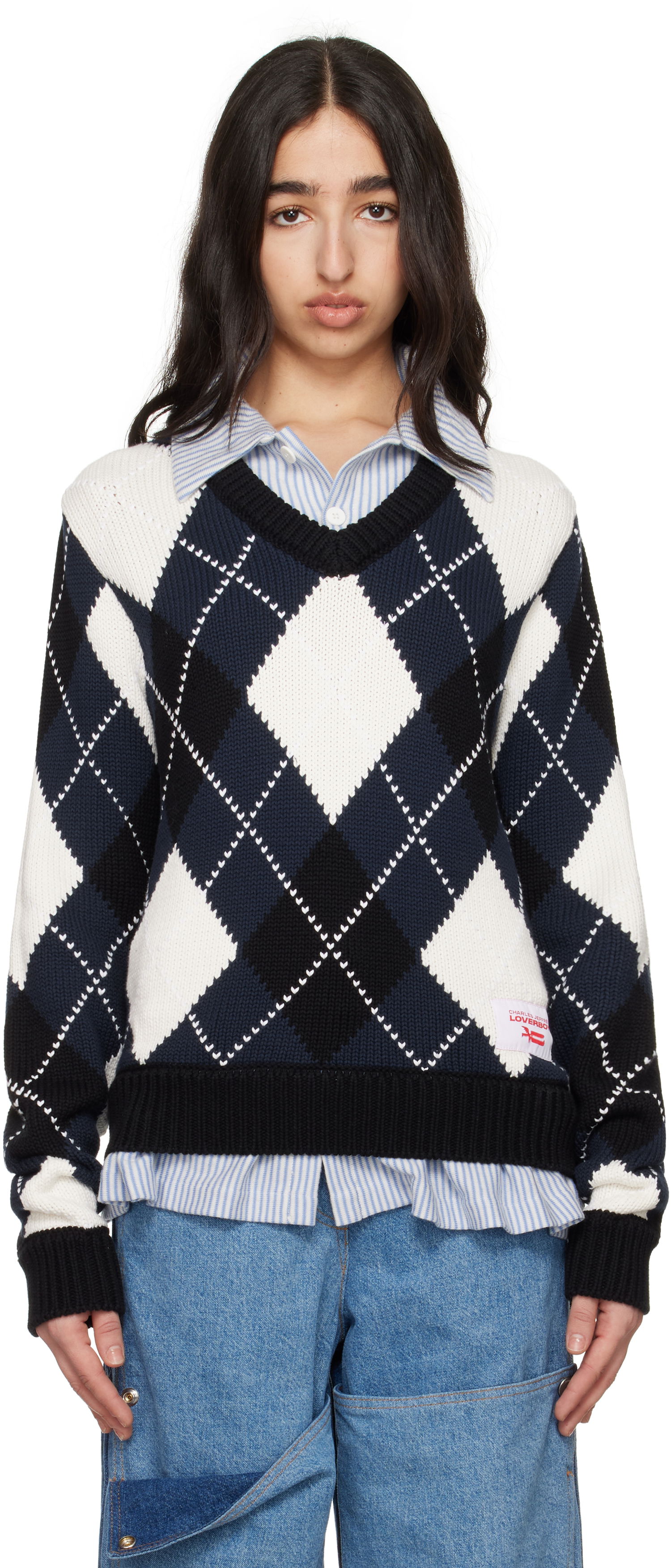 Sweater Charles Jeffrey Loverboy Charles Jeffrey LOVERBOY Argyle V-Neck Sweater Mørkeblå | 54091501, 0