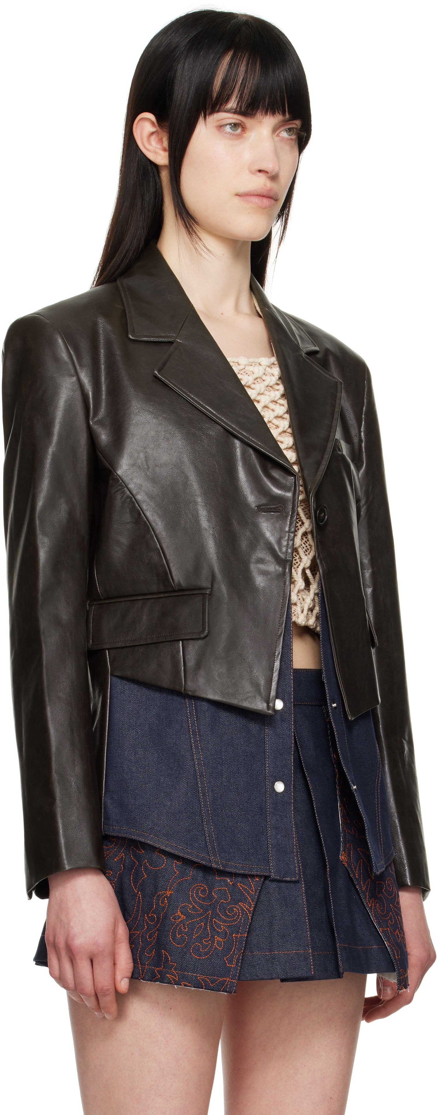 Jakke Andersson Bell Andersson Bell Hybrid Faux-Leather Cropped Blazer Brun | awa683w, 1