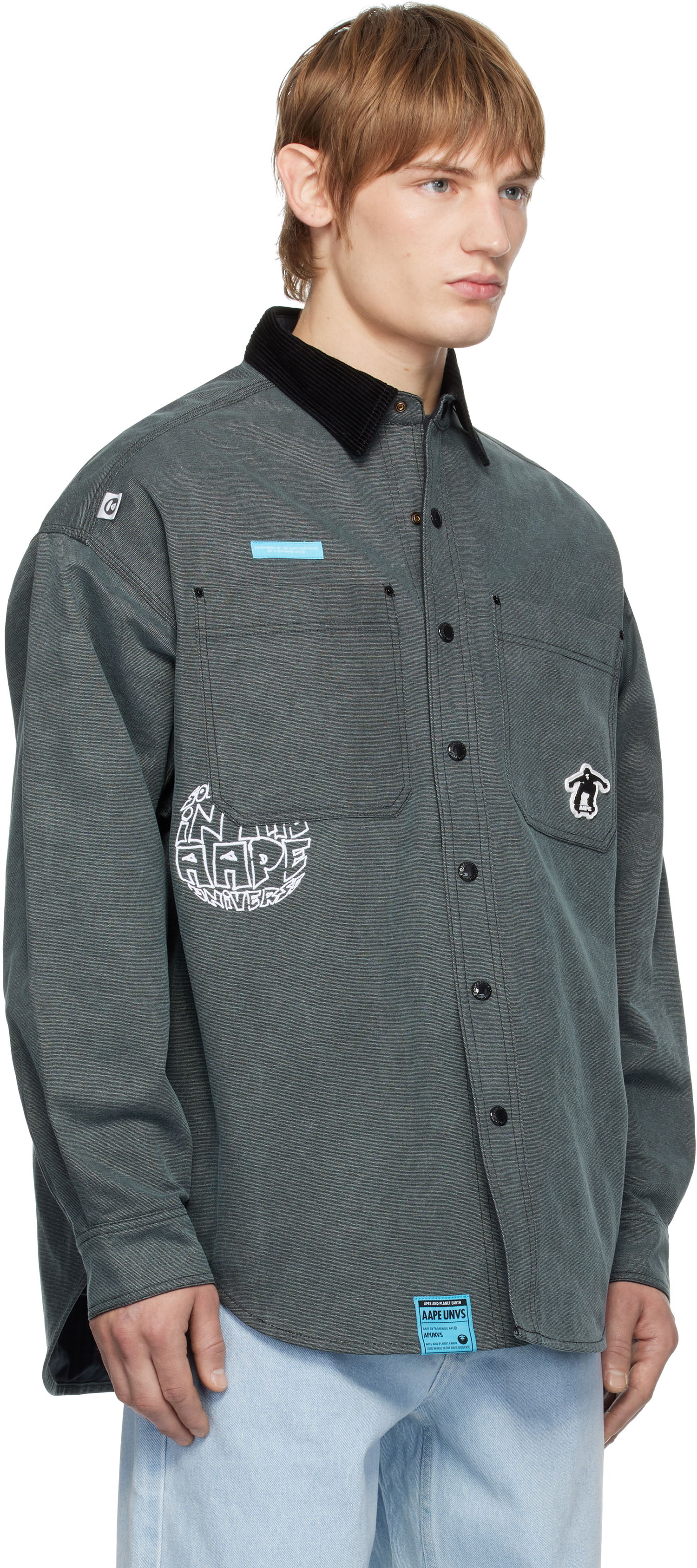 Skjorte AAPE by A Bathing Ape AAPE by A Bathing Ape Reversible Logo Button Down Shirt Grå | AAPSTM8502XXNBKL, 1